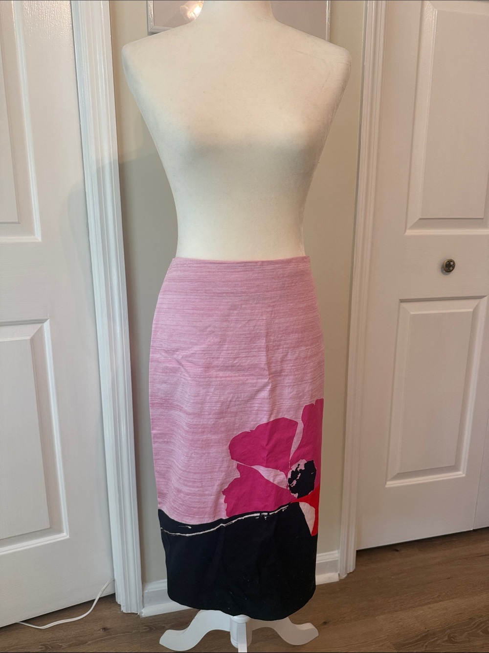 Women's Pink and Black Floral Midi Skirt with Artistic Design